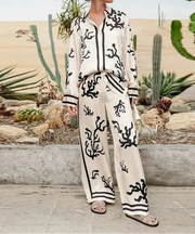 2024 Summer Fashion Print Long Pant Sets Women's Lapel Long Sleeve Shirt Wide Leg Trousers Lady Chic 2 Pieces Sets Street Outfit