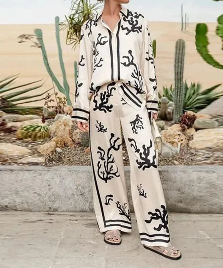 2024 Summer Fashion Print Long Pant Sets Women's Lapel Long Sleeve Shirt Wide Leg Trousers Lady Chic 2 Pieces Sets Street Outfit