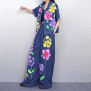 High quality elastic high waist short sleeve print vintage suit set