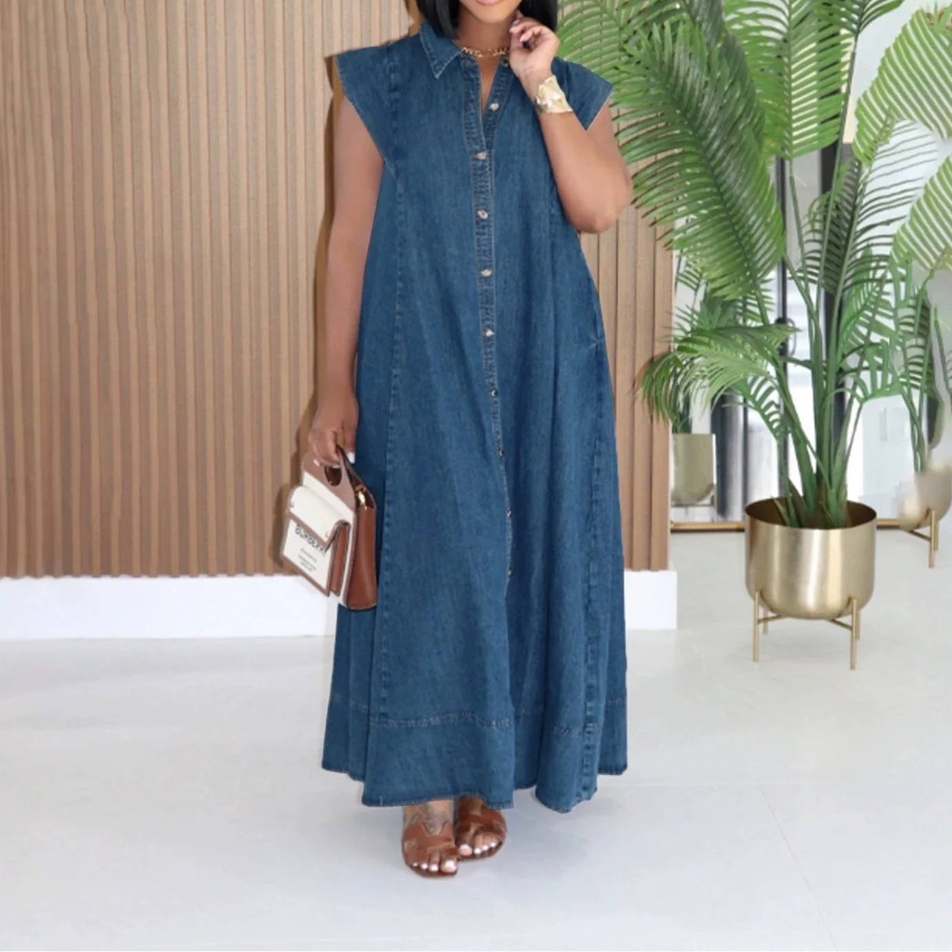 Long Dress Women Denim Dresses A Line Vestidos  Streetwear Turn Down Collar Sleeveless Elegant Casual Loose