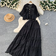 Luxury Long Dresses 2 Piece Sets Women Summer Holiday Hollow Out Crop Tops Elastic Waist Maxi Skirts Suits A Line Party Vestidos