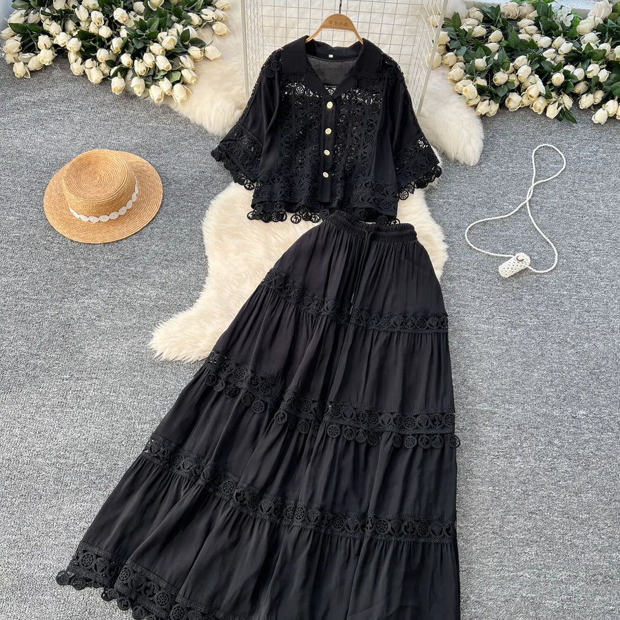 Luxury Long Dresses 2 Piece Sets Women Summer Holiday Hollow Out Crop Tops Elastic Waist Maxi Skirts Suits A Line Party Vestidos