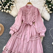 Elegant retro style slit maxi dress with pearl buttons and high-quality crochet embroidery