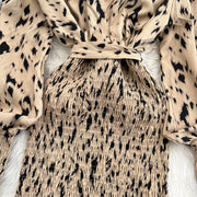Retro Sweet V Neck Slim Lace -up Print Autumn Summer Elegant Elastic Dress A-line Long Sleeve Vacation Women Mermaid Dresses