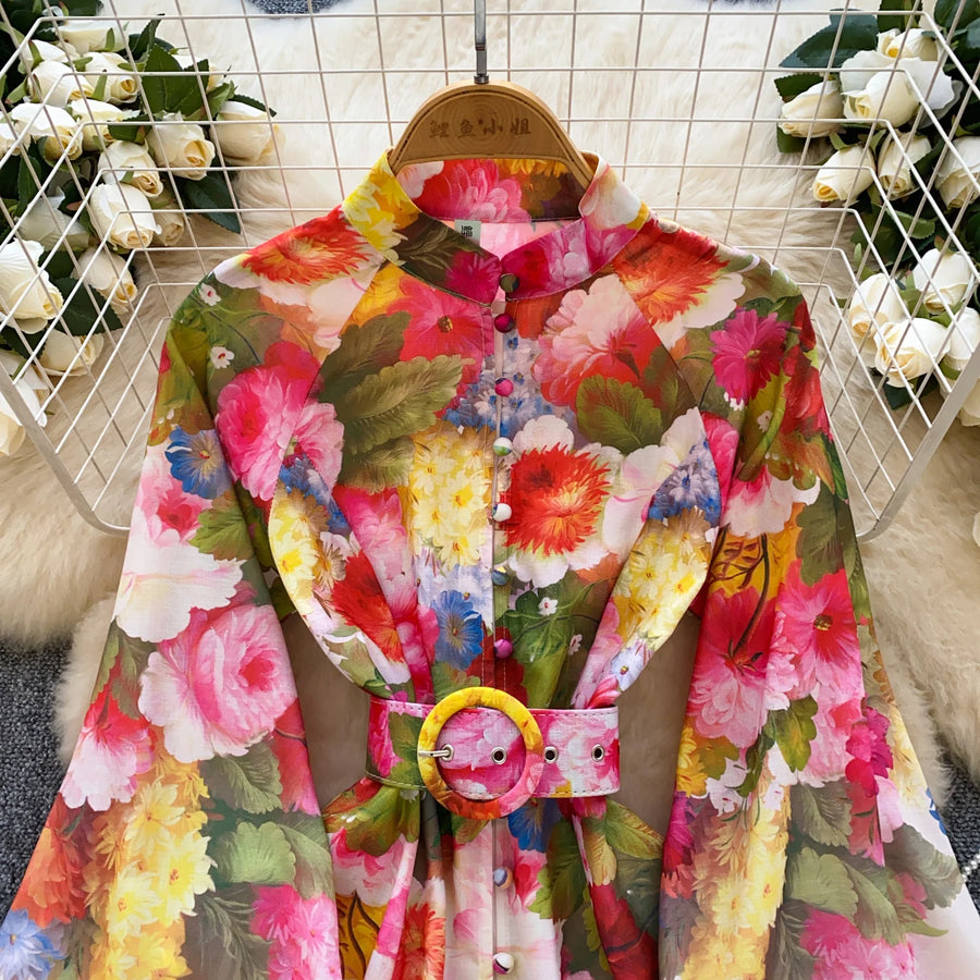 High quality long sleeve French vintage style elegant floral print dress As Picture(1) / S High quality long sleeve French vintage style elegant floral print dress As Picture(1) / S