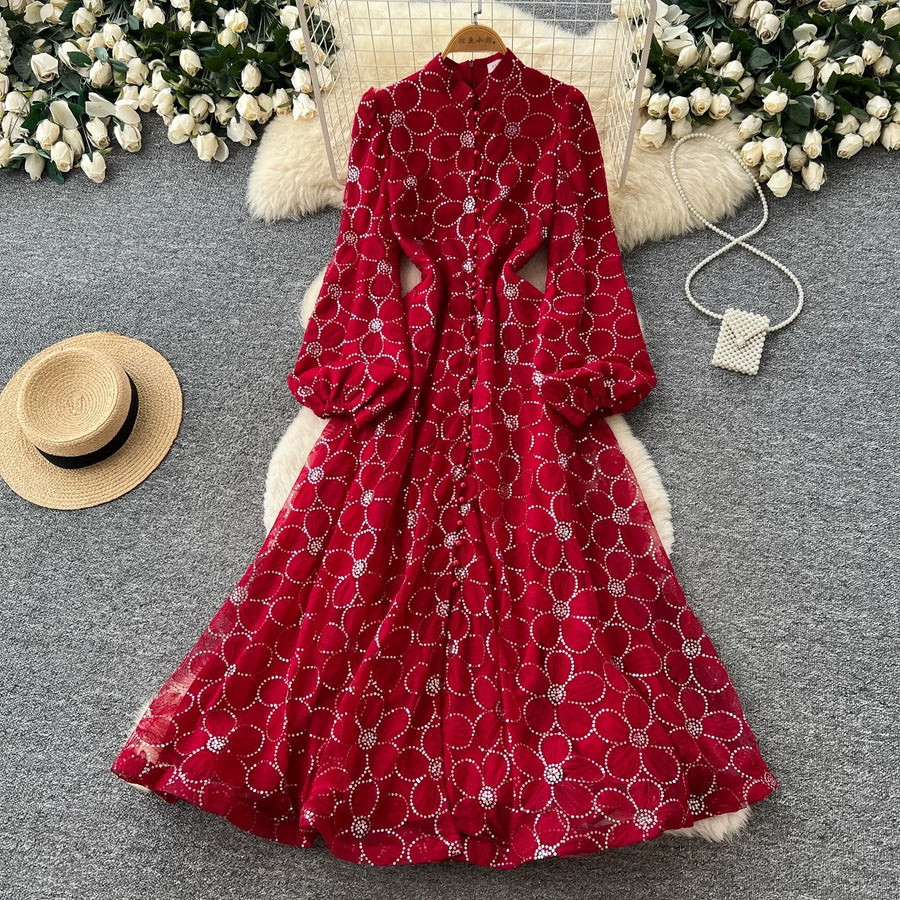 Spring Autumn French High-end Women's Dress New Lace Embroidery Glitter Lantern Sleeve Single Breasted Party Birthday Dress