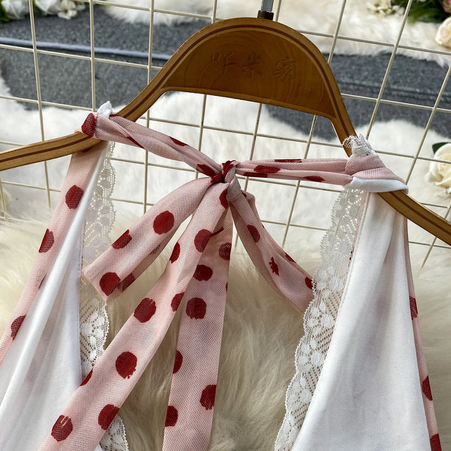 Elegant Sexy Lace Trim Knot V-Neck Halter Woman Dress Summer Ruffle Mesh Polka Dot Mini Woman Party Club Daily Streeywear Dress