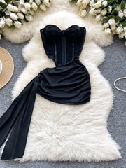 Women's Sexy Hollow Out Waist Pencil Mini Dress Pleated Waist Streamer Wrapped Hip Dress High Quality