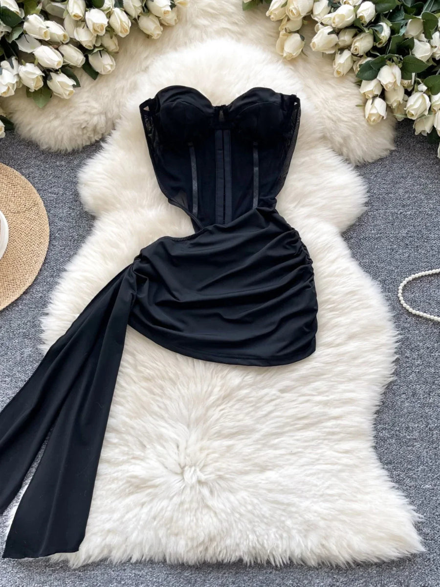 Women's Sexy Hollow Out Waist Pencil Mini Dress Pleated Waist Streamer Wrapped Hip Dress High Quality