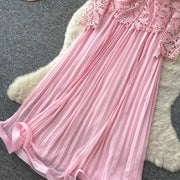 Lace Ruffle Camis Midi Dress Two Pieces Sets V Neck Top  Vintage   Tulle Pleated  Skirt   High Waist A-line Skirt Fall Sets