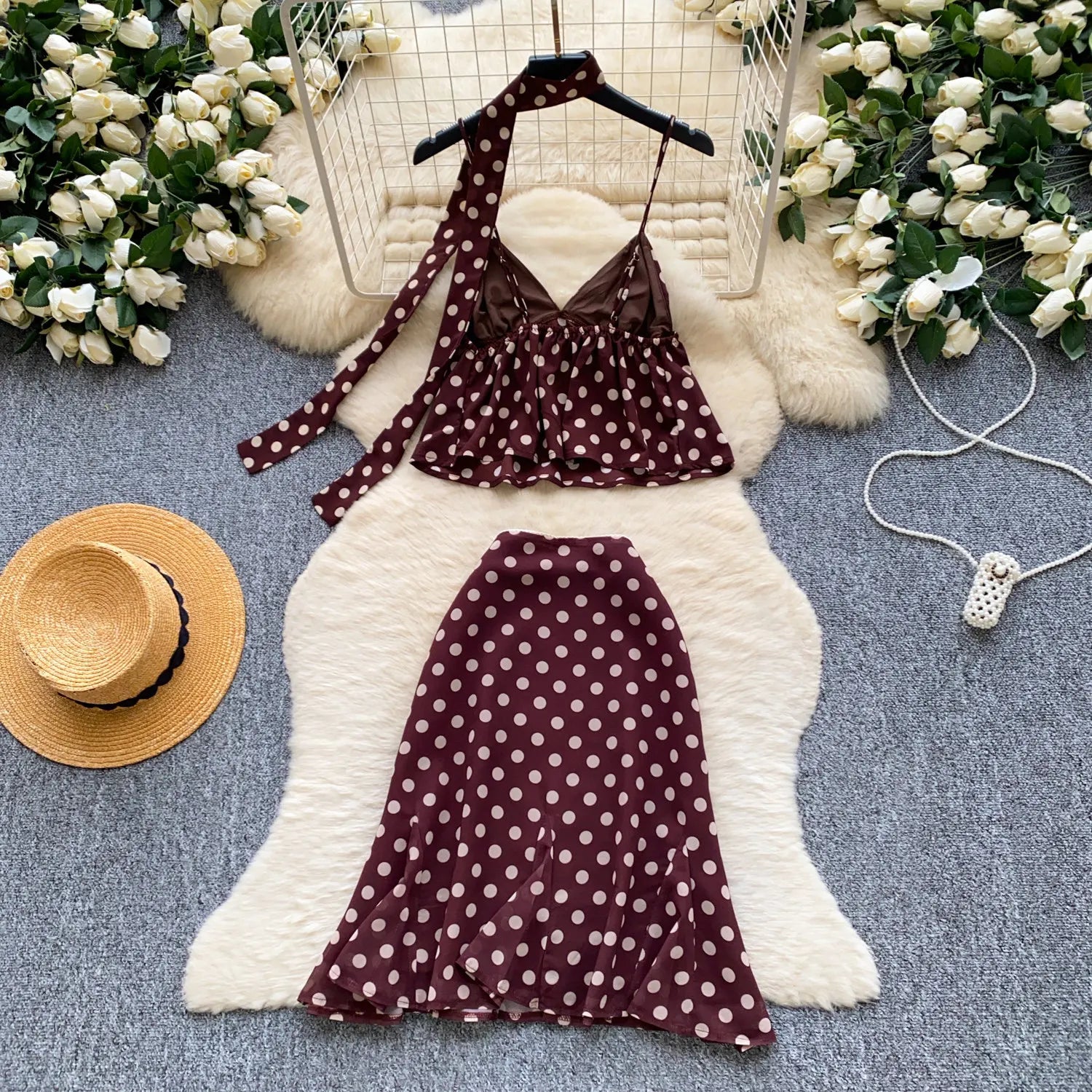 Retro Polka Dot Skirt Set Women Summer Sweet Style Fashion Temperament Camisole Top and Fashion Bodycon Skirt Women Skirt Set