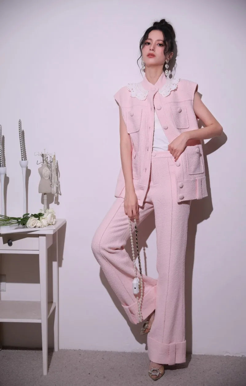 Sweet Pink Lace Collar Women Vest Sets Loose Fit Multi Pocket Sleeveless Jacket Two-Piece Set Full Length Wide Leg Pant Outfits