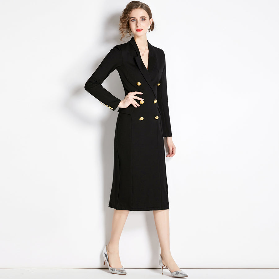 High Quality Black Long Sleeve Double Breasted Midi Elegant Dress