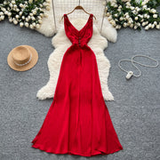 Elegant Satin V-neck Chic Straps Sexy Sleeveless Hotsweet Slim Slip Long Dresses Vintage High Street Women Clothing