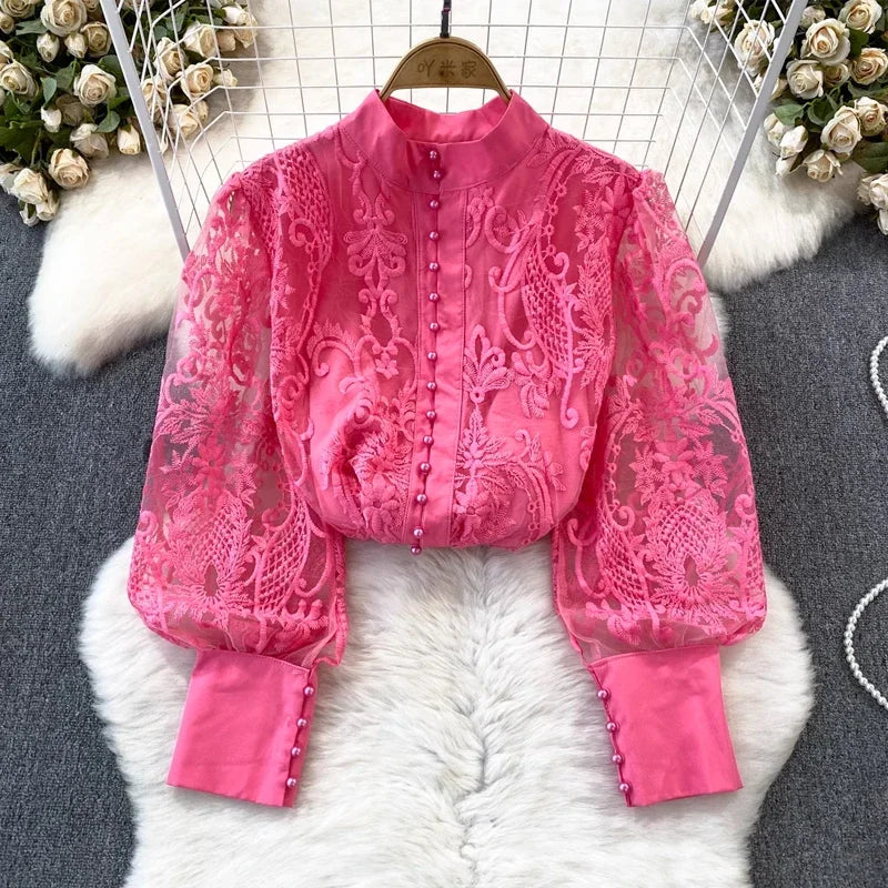 Lantern Long Sleeve Vintage Lace Blouse Women Stand-up Collar Buttons Simple Lace Shirt Elegant Loose See Through Top 29918