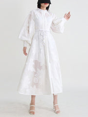 French Elegant Embroidered Round Neck Flare Sleeve Lace Up A-Line Dress High Quality