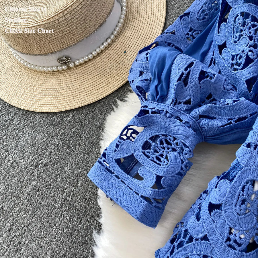 Summer Embroidery Maxi Dress Two Piece Set Women Blue Hollow Lace Long Sleeve Blouse Shirts 3pcs Sets Elastic Waist Skirts Suits
