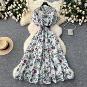 French vintage floral print lapel dress short sleeve high waist belt high quality
