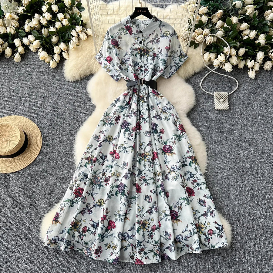 French vintage floral print lapel dress short sleeve high waist belt high quality