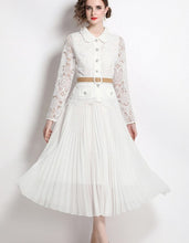 High Quality Long Sleeve Floral Embroidery Button Pleated White Elegant Dress