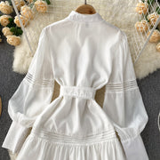 High Quality Stand Collar Puff Long Sleeve Button A Line Short Dress