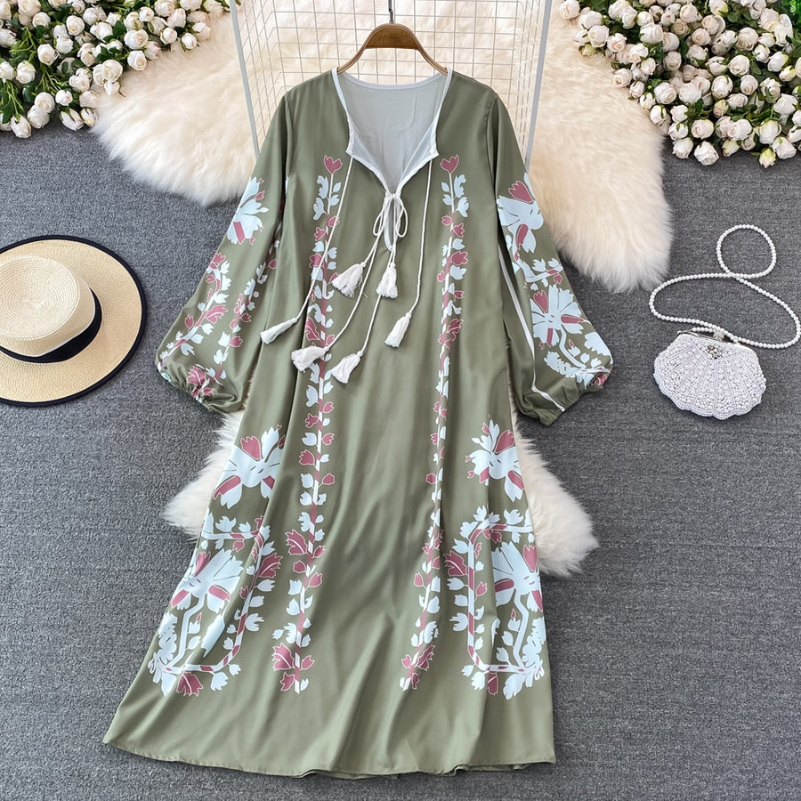 High quality multi color long sleeve printed embroidered dress