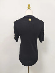 Women's Basic Solid Color Knitted Sweater, Round Neck, Short Sleeve, Patches, Metal Buckles, Temperament