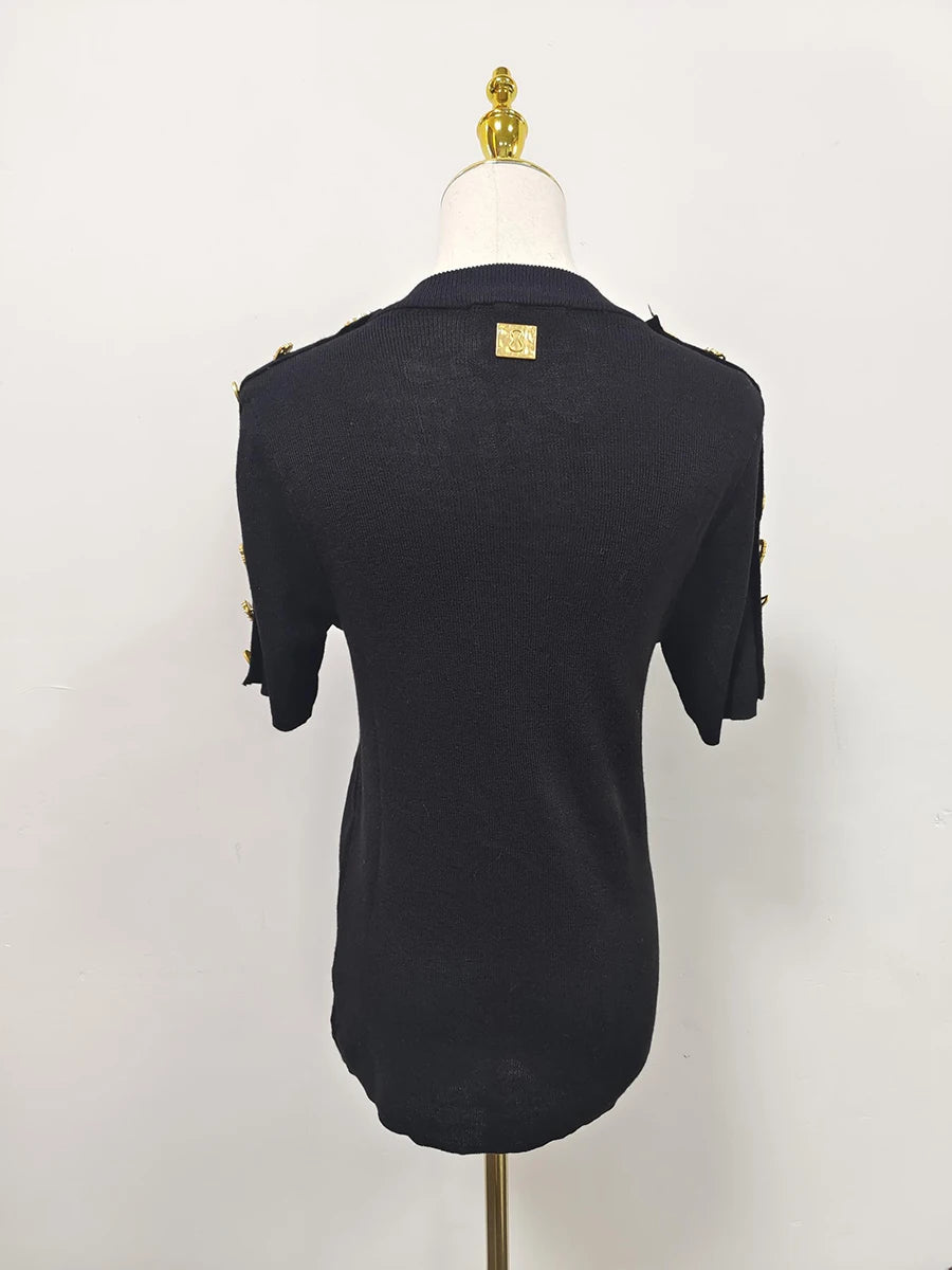 Women's Basic Solid Color Knitted Sweater, Round Neck, Short Sleeve, Patches, Metal Buckles, Temperament