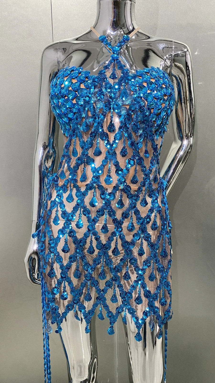 High Quality Blue Sequin Sparkly Diamonds Long Tassels Sleeveless 2 Piece Mini Dress