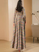 High quality double breasted belt suit collar vintage plaid long dress