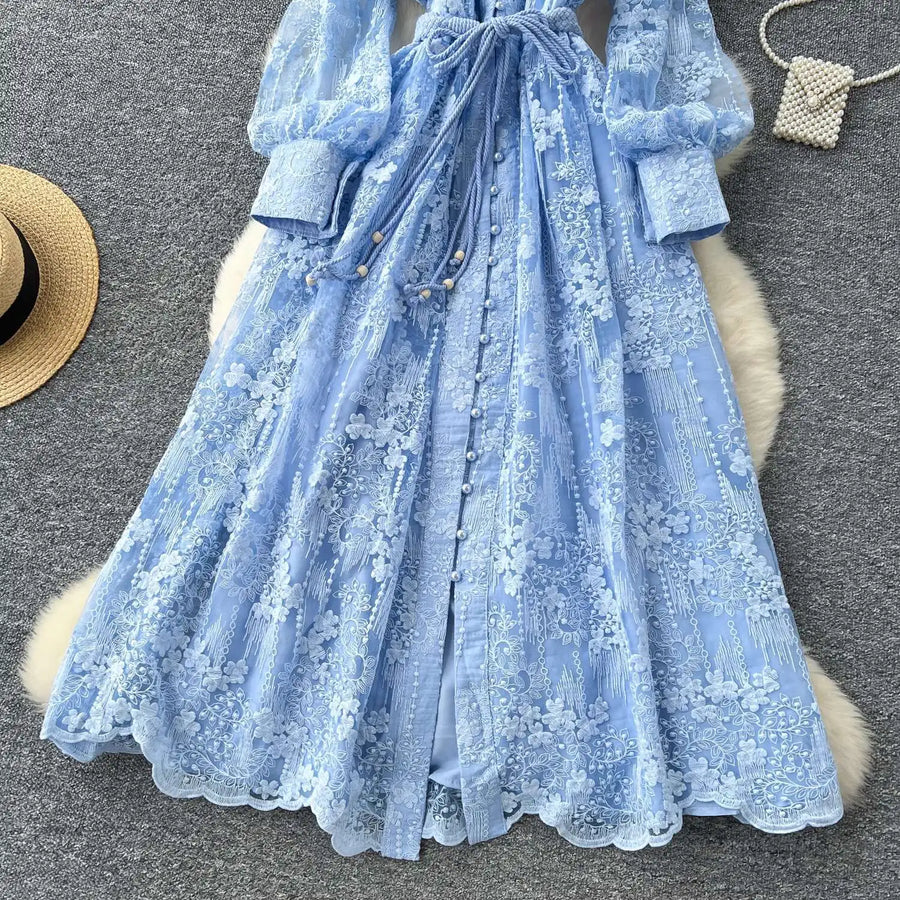 Luxury Embroidery Formal Dresses Women Summer Autumn Lantern Long Sleeve Lace Vestidos Pearl Prom Evening Birthday Dress Party