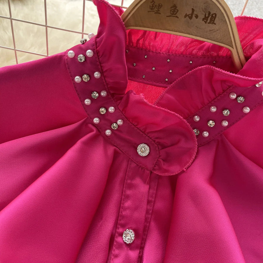 High Quality Elegant Rhinestone Long Sleeve Vintage Blouse