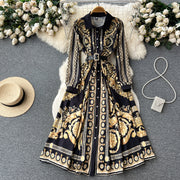 High Quality Gold Floral Print Belt Full Sleeve Single Breasted Maxi Dress