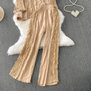 Women Lace Patchwork Pants Set Single Breasted Long Sleeved Shirt Elastic Waisted Trousers Suit Summer Female 2 pieces Sets