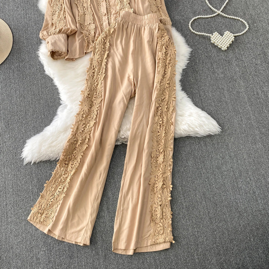 Women Lace Patchwork Pants Set Single Breasted Long Sleeved Shirt Elastic Waisted Trousers Suit Summer Female 2 pieces Sets