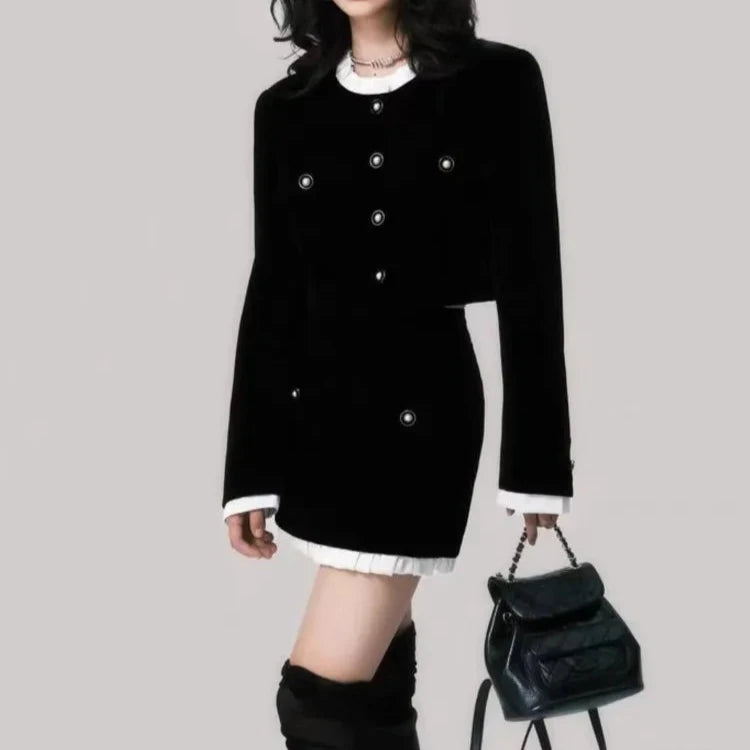 Two Piece Velvet Skirt Set Single-breasted Long Sleeve Short Coat + A-line Mini Skirt High Quality