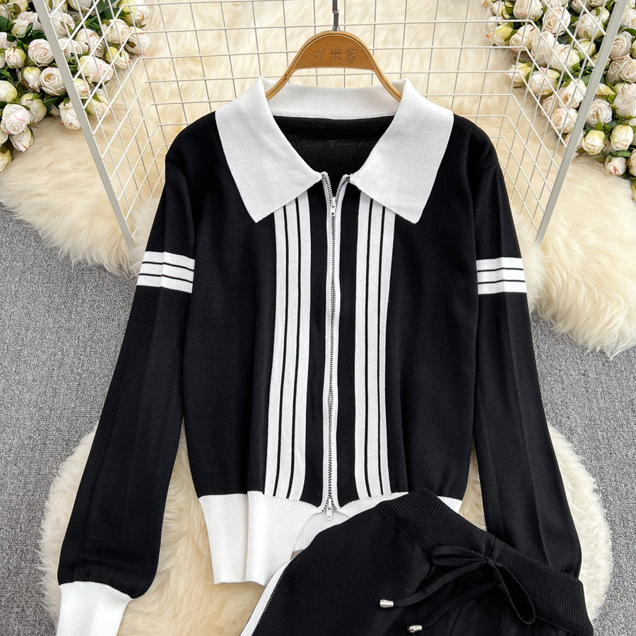 Two Piece Set Stripe Zipper Cardigan + High Quality Harem Pants