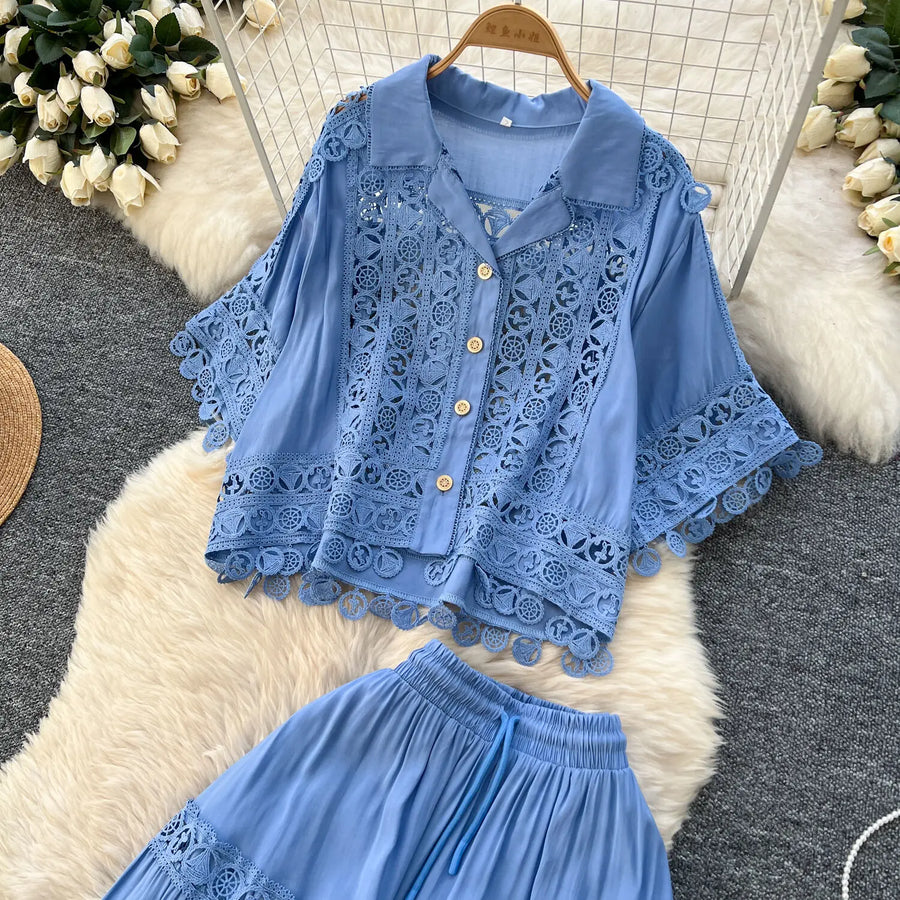 Luxury Long Dresses 2 Piece Sets Women Summer Holiday Hollow Out Crop Tops Elastic Waist Maxi Skirts Suits A Line Party Vestidos