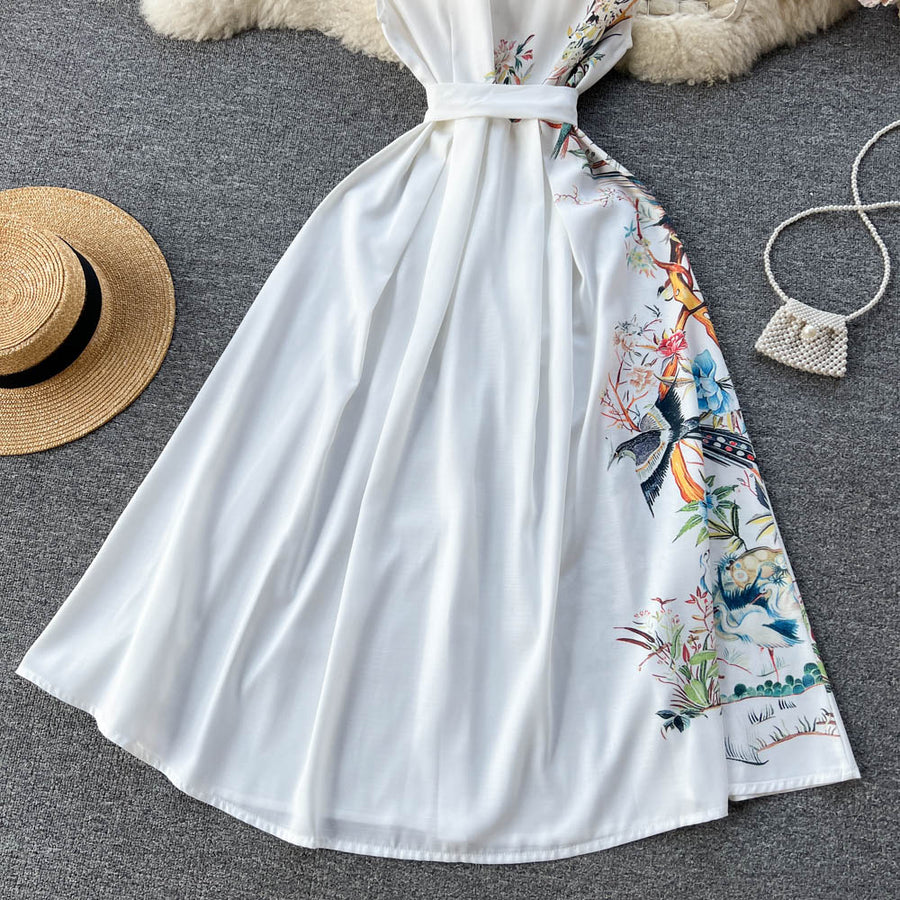 High Quality Bow Flower Print Sleeveless White Shirt Dress