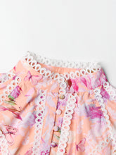 High Quality Floral Print Stand Collar Flare Sleeve High Waist Pleats A-line Cropped Dress
