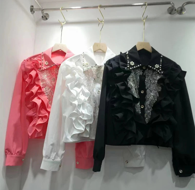 High Quality Sequin Ruffle Long Sleeve Blouses