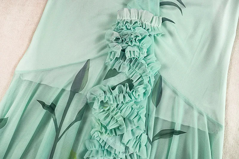 Women's Leaf Print Ruched Maxi Dress with Scarf