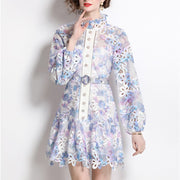 High Quality Belted Hollow Out Button Down Embroidered Long Sleeve Dress