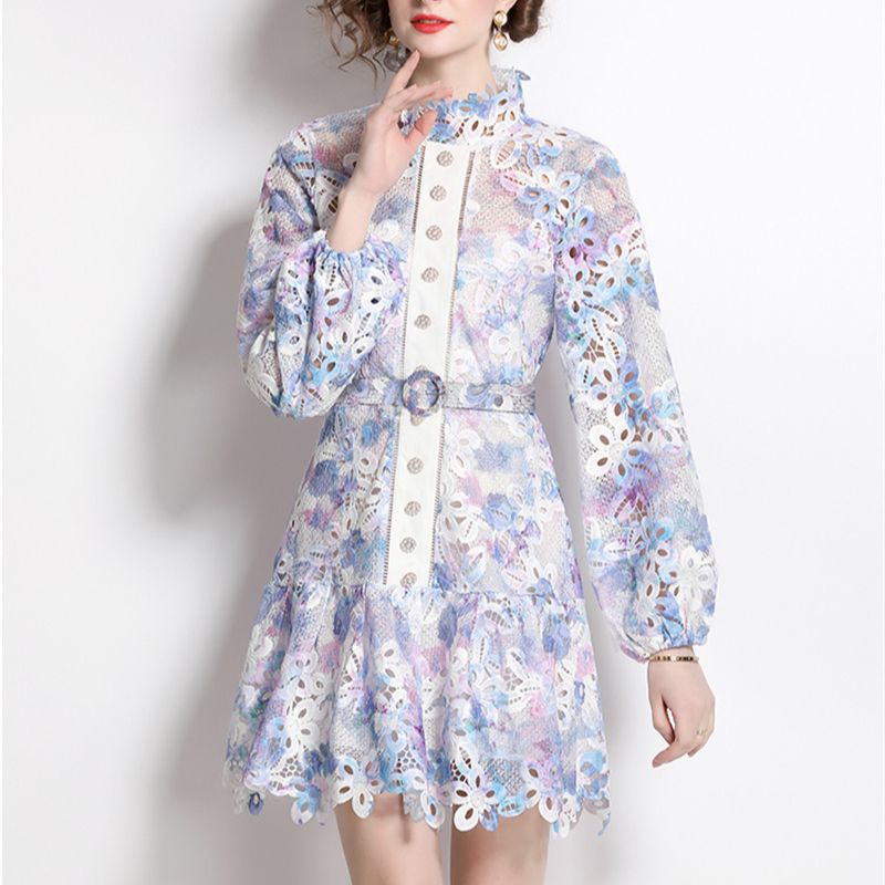 High Quality Belted Hollow Out Button Down Embroidered Long Sleeve Dress