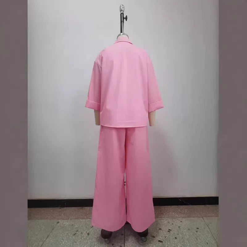 Pant Set Women Two Piece Sets Turn Down Collar Full Sleeve Shirt Wide Leg Long Pants High Waist  Streetwear Casual Loose