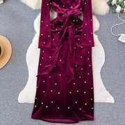 High Quality Long Sleeve V Neck Thick Velvet Diamond Embellished Dress