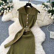 SINGREINY 1950s Ribbed Knit Dress Sleeveless Lapel Belt French Ins Chic Spring Summer Celebrity Style Feminine A-line Long Dress