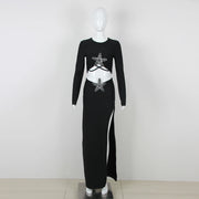 New Women's Luxury Beaded Starfish Diamond Sexy Long Sleeve Short Top High Waisted Split Skirt 2-Piece Nightclub Party Set