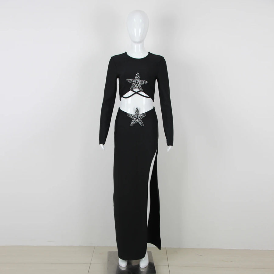 New Women's Luxury Beaded Starfish Diamond Sexy Long Sleeve Short Top High Waisted Split Skirt 2-Piece Nightclub Party Set