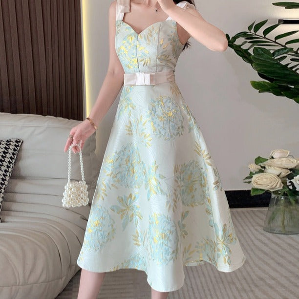 High Quality Elegant Sleeveless French Gorgeous Flower Jacquard Dress